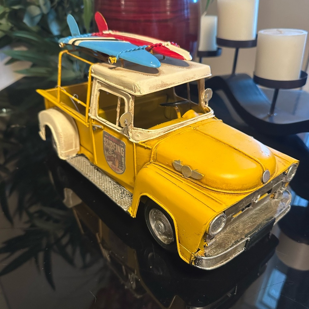 Yellow Vintage Toy Truck with Surfboards